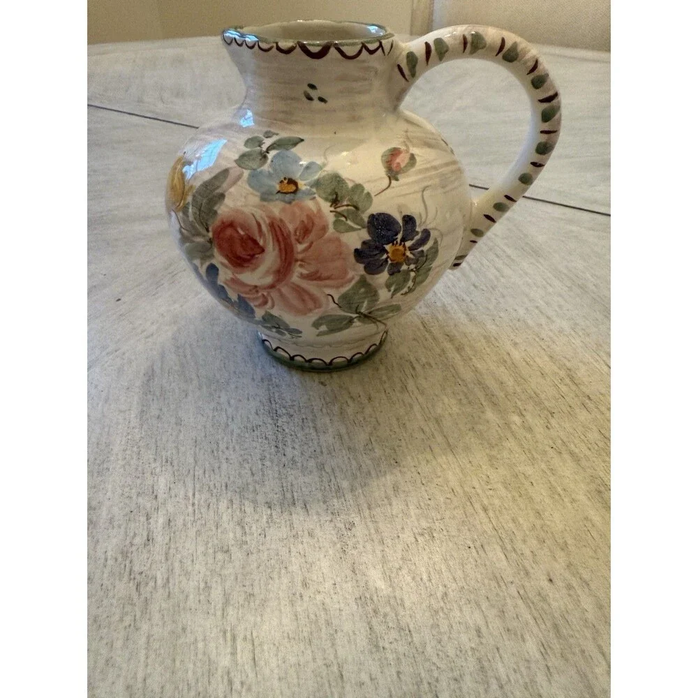 Vintage Ulmer Keramik Pitcher Hand-Painted Floral Art Pottery West Germany 1960s